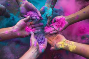 ai généré mains, paumes de gens couvert avec coloré des peintures à le saint Festival de Inde photo