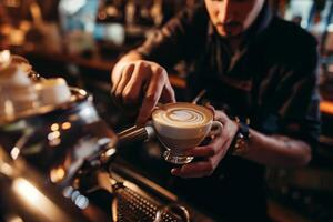 ai généré barman mains en train de préparer une délicieux cappuccino, proche en haut photo