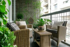 ai généré confortable patio balcon, sièges zone avec osier meubles et beaucoup les plantes photo