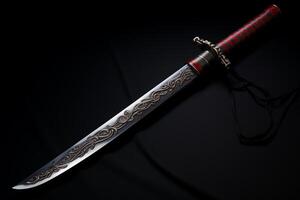 ai généré Japonais samouraï épée katana sur une noir Contexte. sélectif se concentrer. peu profond profondeur de champ photo