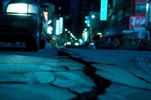 ai généré fissure dans le asphalte sur le ville Autoroute à nuit après le tremblement de terre photo