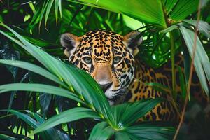 ai généré magnifique jaguar cache dans le tropical forêt photo