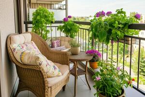 ai généré confortable patio balcon, sièges zone avec osier meubles et beaucoup les plantes photo