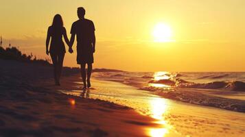 ai généré silhouette de une romantique couple en portant mains et en marchant sur le plage à le coucher du soleil. photo