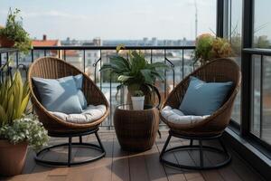 ai généré confortable patio balcon, sièges zone avec osier meubles et beaucoup les plantes photo