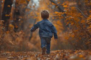 ai généré peu garçon fonctionnement dans le l'automne forêt. content enfance et joie concept photo