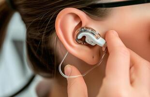 ai généré audition aide dans une femme oreille, fermer photo