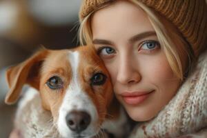 ai généré portrait de magnifique Jeune femme avec chien dans chaud vêtements photo