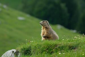 ai généré mignonne marmotte rampé en dehors de le sien trou et se prélasse dans le soleil, marmotte journée photo