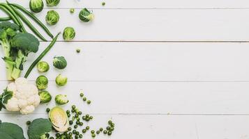 ai généré des légumes chou-fleur, brocoli, Bruxelles choux, pois sur une blanc en bois arrière-plan, Haut voir, copie espace photo