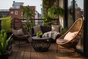 ai généré confortable patio balcon, sièges zone avec osier meubles et beaucoup les plantes photo