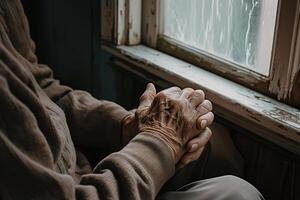 ai généré plié mains de un personnes âgées homme séance à le rebord de fenêtre, solitaire vieux âge photo