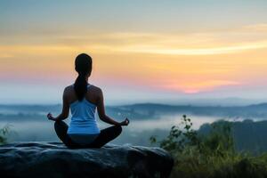 ai généré Jeune femme méditer dans lotus position sur Montagne de pointe à lever du soleil photo