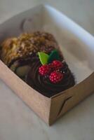 Chocolat gâteau avec framboises et vert feuilles dans une boîte photo