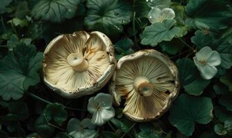 ai généré champignons dans le forêt, fermer, Haut vue photo