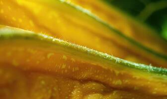 ai généré proche en haut de Jaune Zucchini fruit avec l'eau gouttelettes. photo