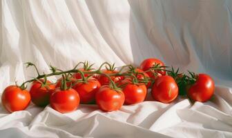 ai généré Cerise tomates sur une blanc tissu Contexte. fermer. photo