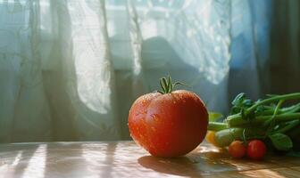 ai généré tomate et Frais des légumes sur le table dans le Matin lumière. photo