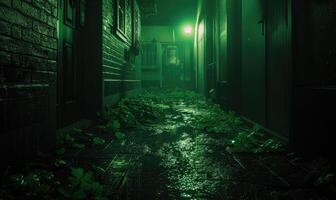 ai généré foncé ruelle dans le ville à nuit. foncé vert Ton. photo