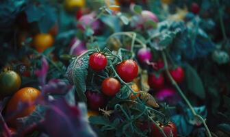 ai généré tomates Contexte. Haut vue de différent variétés de tomates. des légumes Contexte. photo