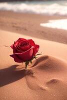 ai généré une Célibataire rouge Rose est croissance en dehors de le le sable sur une plage photo