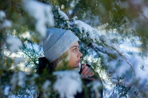 portrait de une femme dans une parc, portrait de une femme dans hiver parc, portrait de une blond femme, femme dans chapeau photo