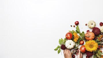 ai généré blanc Contexte avec des fruits et légumes, en bonne santé décédés concept photo