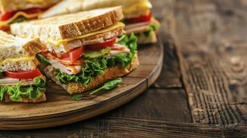 ai généré sandwich sur Coupe en bois planche dans une café photo