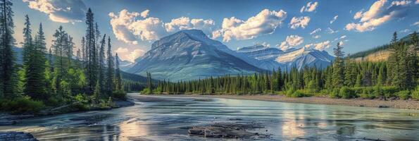 ai généré une magnifique vue de une Montagne avec rivière. photo