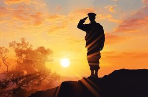 ai généré silhouette de une soldat salue à le coucher du soleil photo