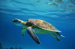 ai généré mer tortue sous-marin nager dans le bleu mer. vif bleu océan avec tortue. scaphandre autonome plongée avec sauvage aquatique animal. photo