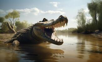 ai généré une crocodile ouverture ses bouche avec une l'eau forêt Contexte photo