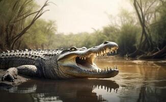 ai généré une crocodile ouverture ses bouche avec une l'eau forêt Contexte photo