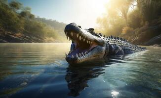 ai généré une crocodile ouverture ses bouche avec une l'eau forêt Contexte photo