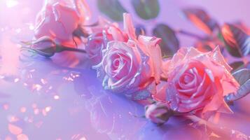 ai généré de fête carte avec holographique briller des roses sur une pastel violet Contexte photo