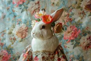 ai généré anthropomorphe Pâques lapin avec une fleur couronne et une folklore robe, floral Contexte photo