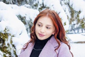 jolie Jeune femme dans hiver parc, rouge aux cheveux fille dans le parc dans hiver photo