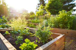 ai généré ensoleillé élevé jardin des lits avec Frais des légumes avec ai généré. photo