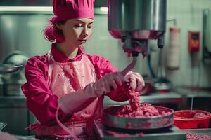 ai généré Boucher en train de préparer haché Viande dans usine. photo