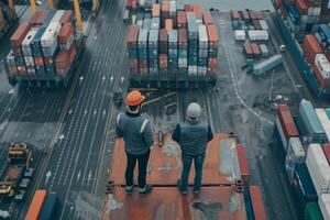 ai généré deux gens surplombant occupé cargaison Terminal. photo