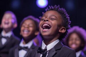 ai généré joyeux garçon en chantant dans chorale performance. photo