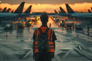 ai généré sol équipage surveillance aéroport opérations à le coucher du soleil avec ai généré. photo