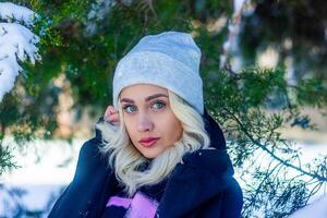 portrait de une femme dans une parc, portrait de une femme dans hiver parc, portrait de une blond femme, femme dans chapeau photo