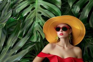 ai généré à la mode femme dans Jaune chapeau parmi vert feuilles. photo