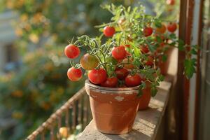 ai généré mûr tomates croissance dans terrasse jardin pot avec ai généré. photo