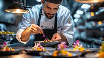 ai généré chef dans uniforme en train de préparer nourriture sur assiette photo