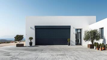 ai généré noir et blanc maison avec les plantes et des arbres photo