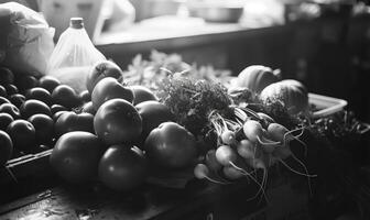 ai généré tomates dans une en bois boîte sur le marché. noir et blanche. photo