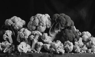 ai généré noir et blanc image de choufleur et brocoli sur en bois tableau. photo