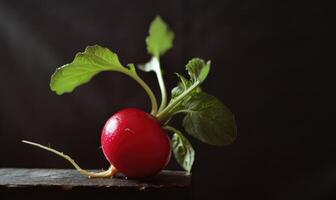 ai généré rouge un radis avec vert feuilles sur une en bois planche sur une foncé Contexte photo